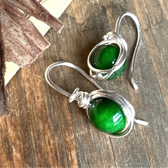 Imperial Jade drops silver dangle earrings/ luck and joy healing crystals boho - Picture 2 of 6